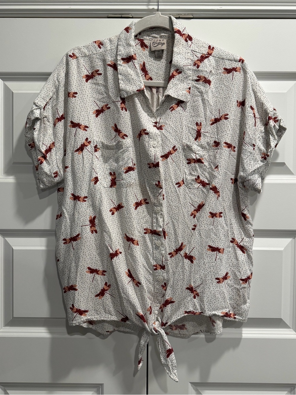 Como Vintage White Button-Up Shirt with Red Dragonfly Print